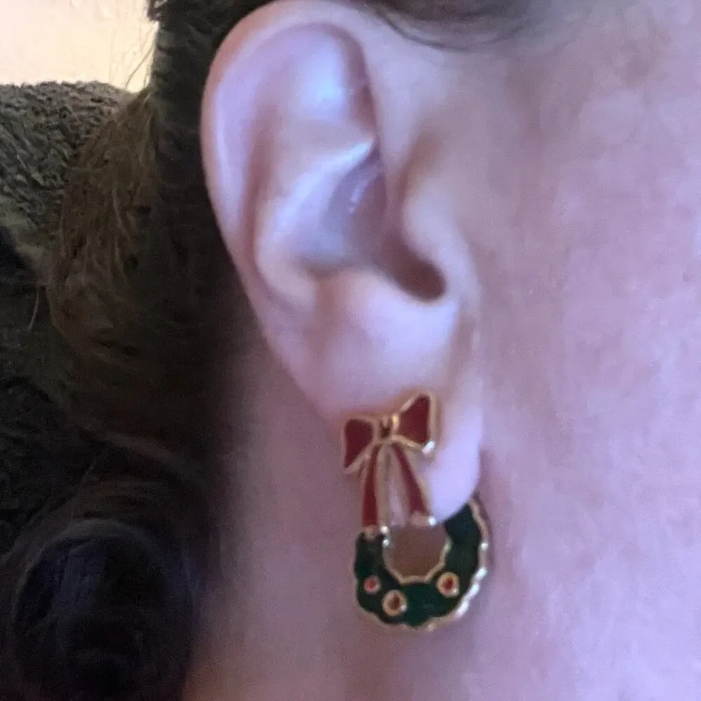 Vintage Christmas Wreath Front Back Jacket Earrings Enamel Bow Holiday